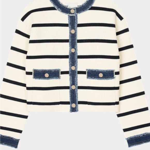 Sandro Cream Jacket with Black Stripes and Denim Trim - Picture 6 of 10